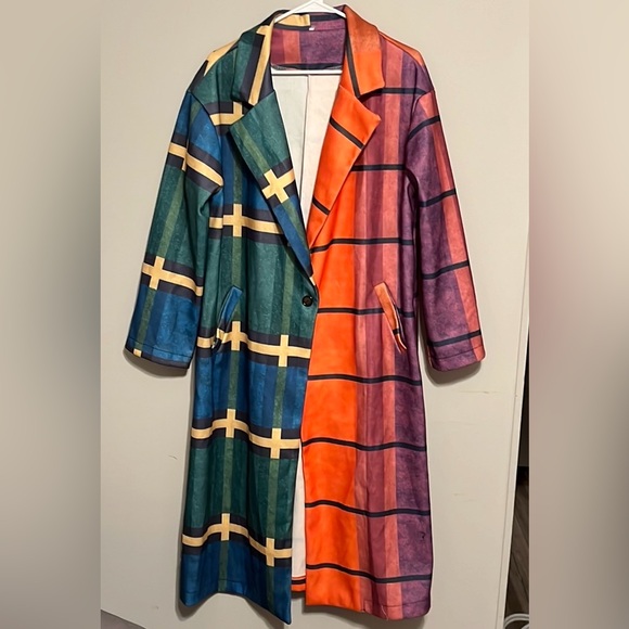 Long Rainbow Plaid Trench coat. Coat of many colors. XL mid length. BOHO - Picture 1 of 7